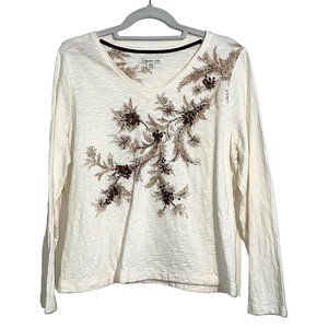 Coldwater Creek - Women's Size XL - Ivory Blouse With Flowers & Brown Squins